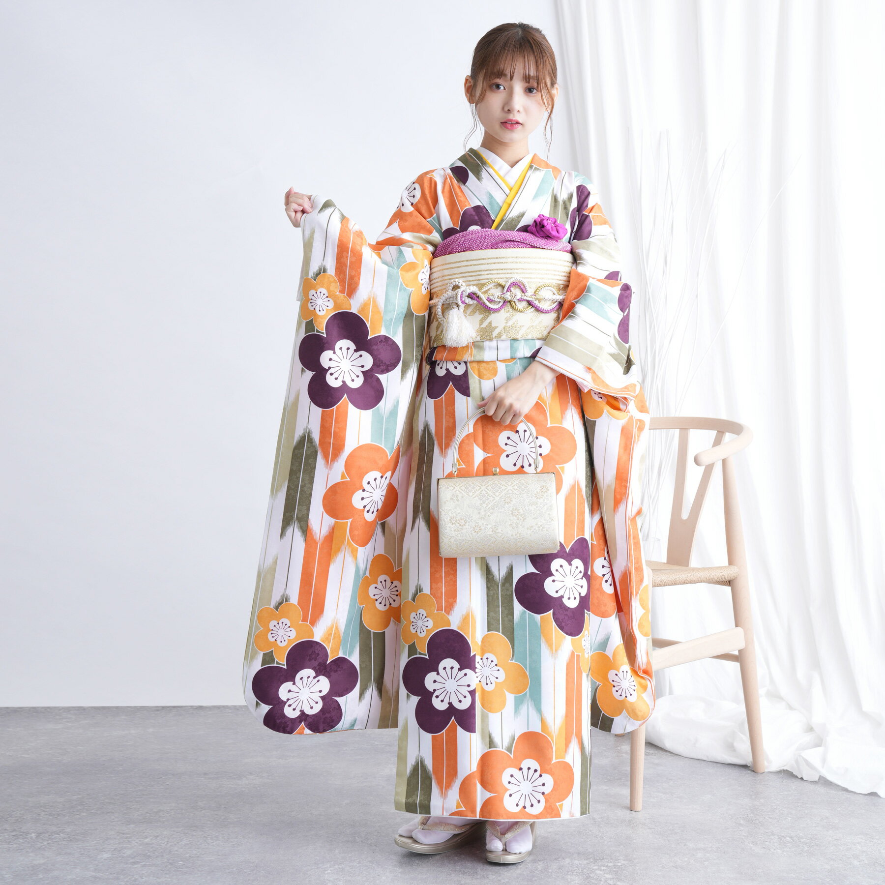 【レンタル】【ひよこ商店 振袖 着物 21点セット オレンジの矢絣と梅】着物セット 女性 成人式 結婚式 前撮り20歳 20才 二十歳 二十才 はたち 正装 和装 フォーマル 晴れ着 記念撮影 足袋プレゼント 往復送料無料