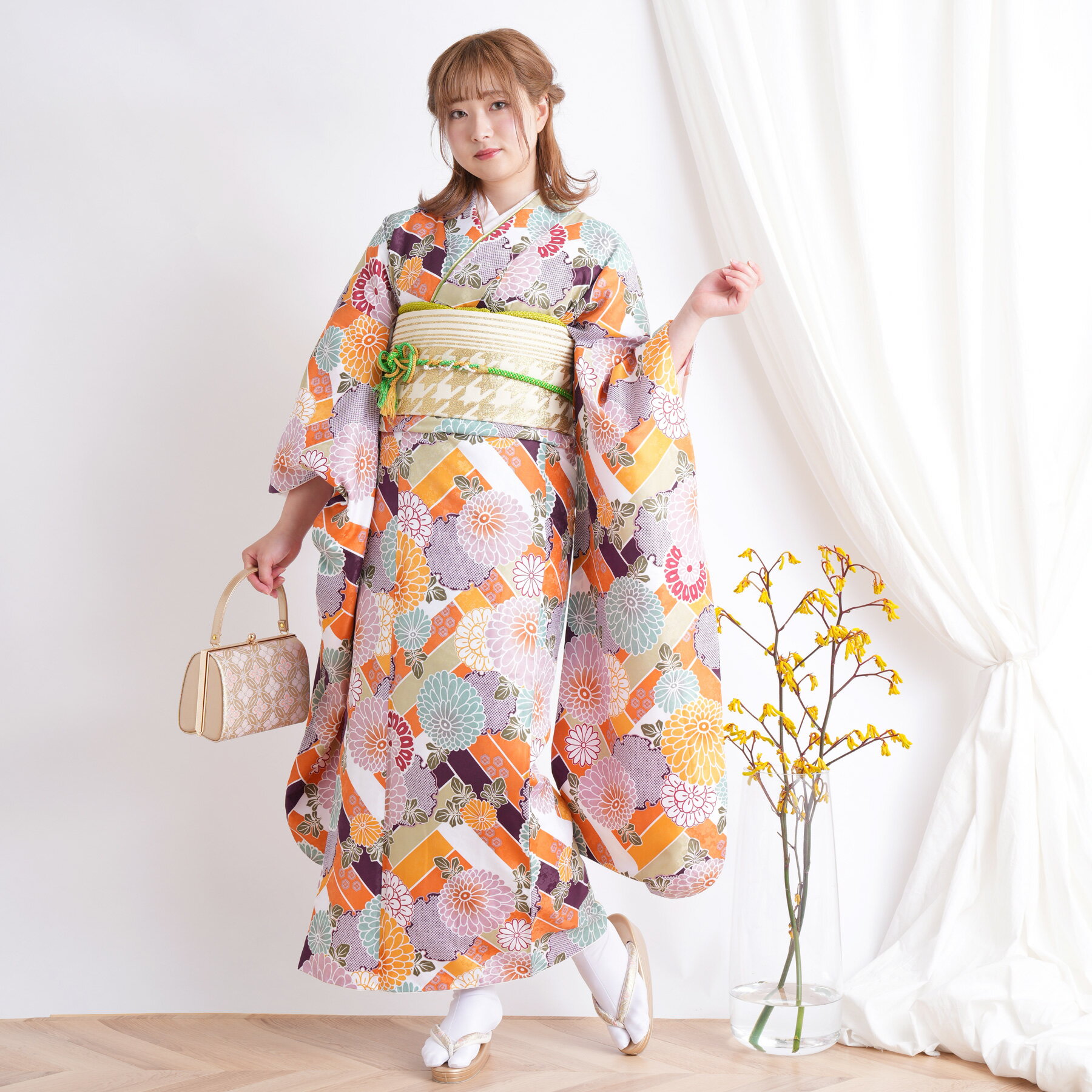 【レンタル】【ひよこ商店 振袖 着物 21点セット オレンジ紫に大正浪漫菊】着物セット 女性 成人式 結婚式 前撮り20歳 20才 二十歳 二十才 はたち 正装 和装 フォーマル 晴れ着 記念撮影 足袋プレゼント 往復送料無料