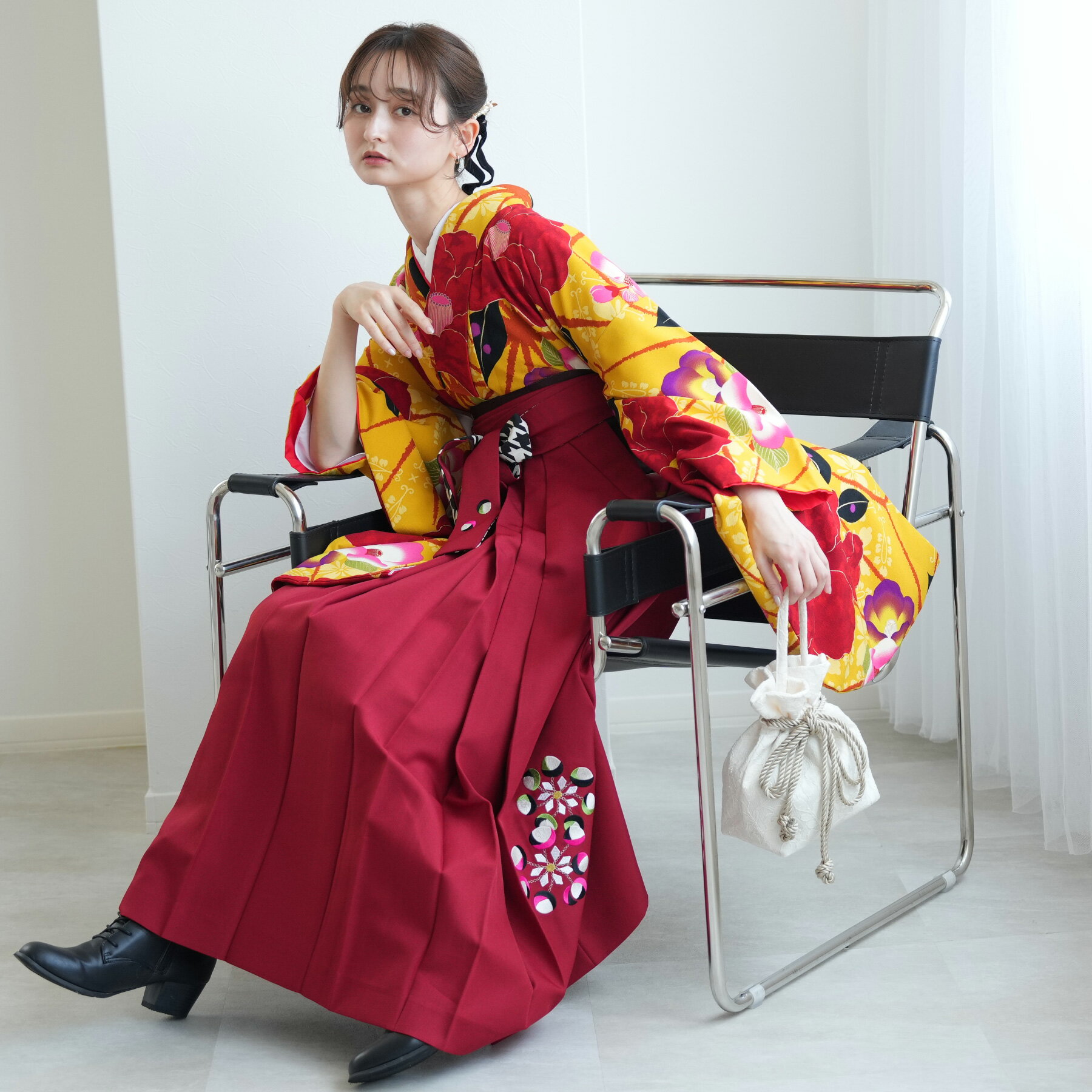 【レンタル】【emma×紅一点 袴 17点セット 日本製 きいろ麻の葉つばき】二尺袖着物 はかま フルセット 卒業式 大学生 専門学生 レディース 女性 袴91-99cm(身長153-170cm)足袋プレゼント 重ね衿縫い付済 往復送料無料