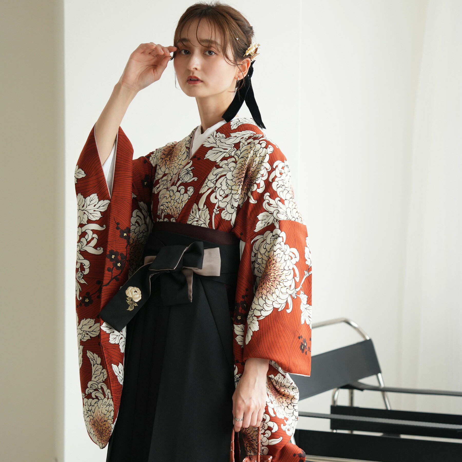 【レンタル】【そしてゆめ 袴 17点セット 煉瓦色に古典糸目乱菊 日本製】 二尺袖着物 はかま フルセッ..