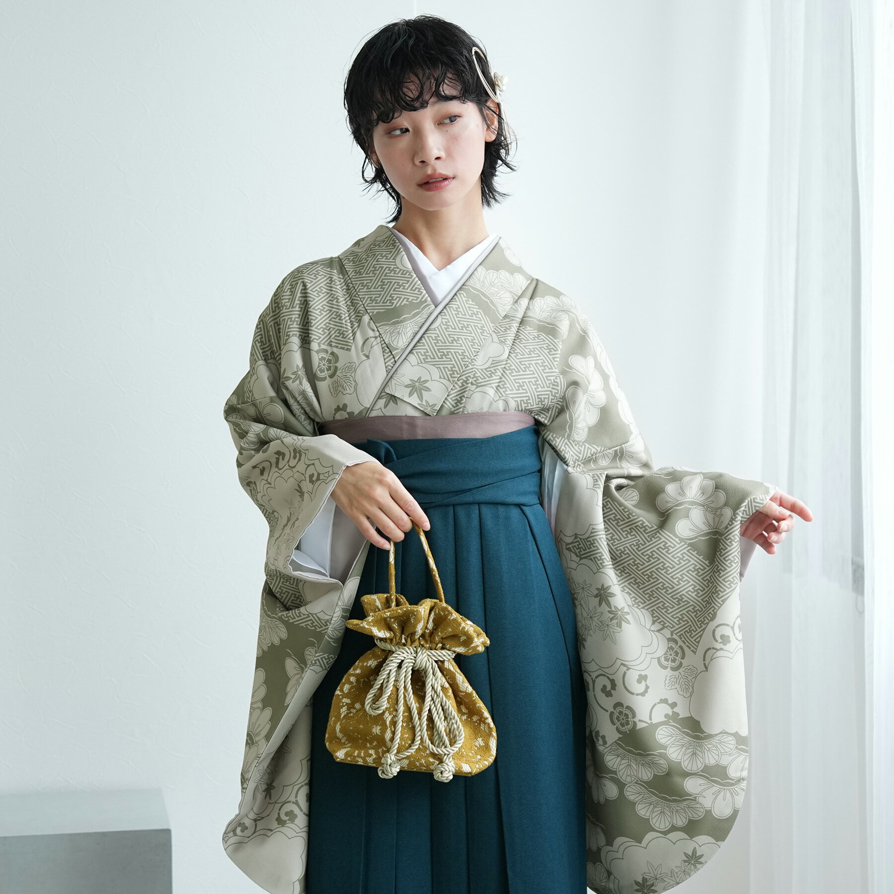 【レンタル】【ひよこ商店 袴 17点セット モスグリーン松文様】二尺袖着物 はかま フルセット 卒業式 大学生 専門学生 レディース 女性 大人 袴91cm（身長153-158cm）足袋プレゼント 重ね衿縫い付済 往復送料無料