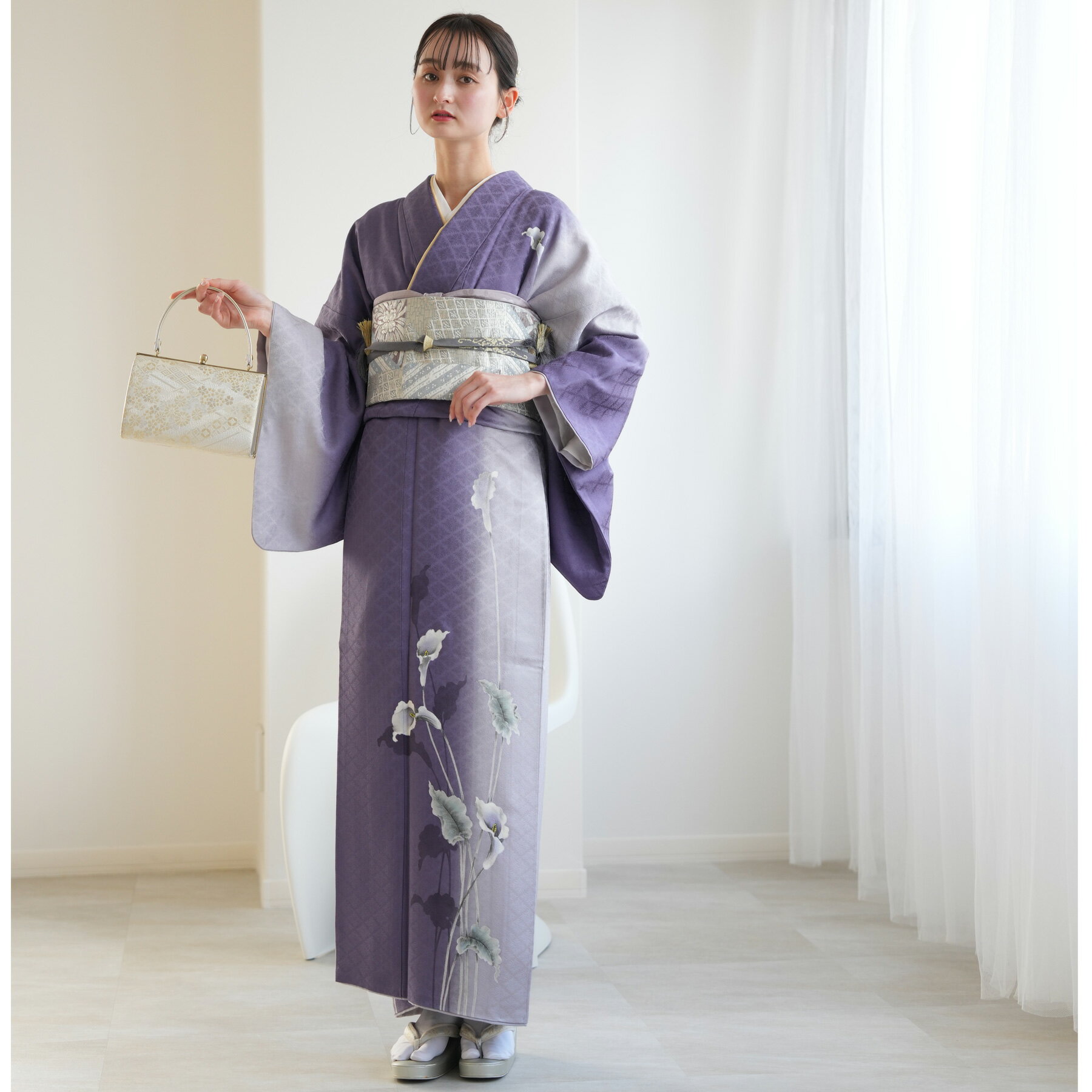【レンタル】 訪問着 20点セット フリーサイズ(身長153-168cm) 訪問着 フルセット 花 女性 紫系 パープル グレー グラデーション 花菱 フォーマル お茶 パーティー お宮参り 式典 結婚式 二次会 往復送料無料