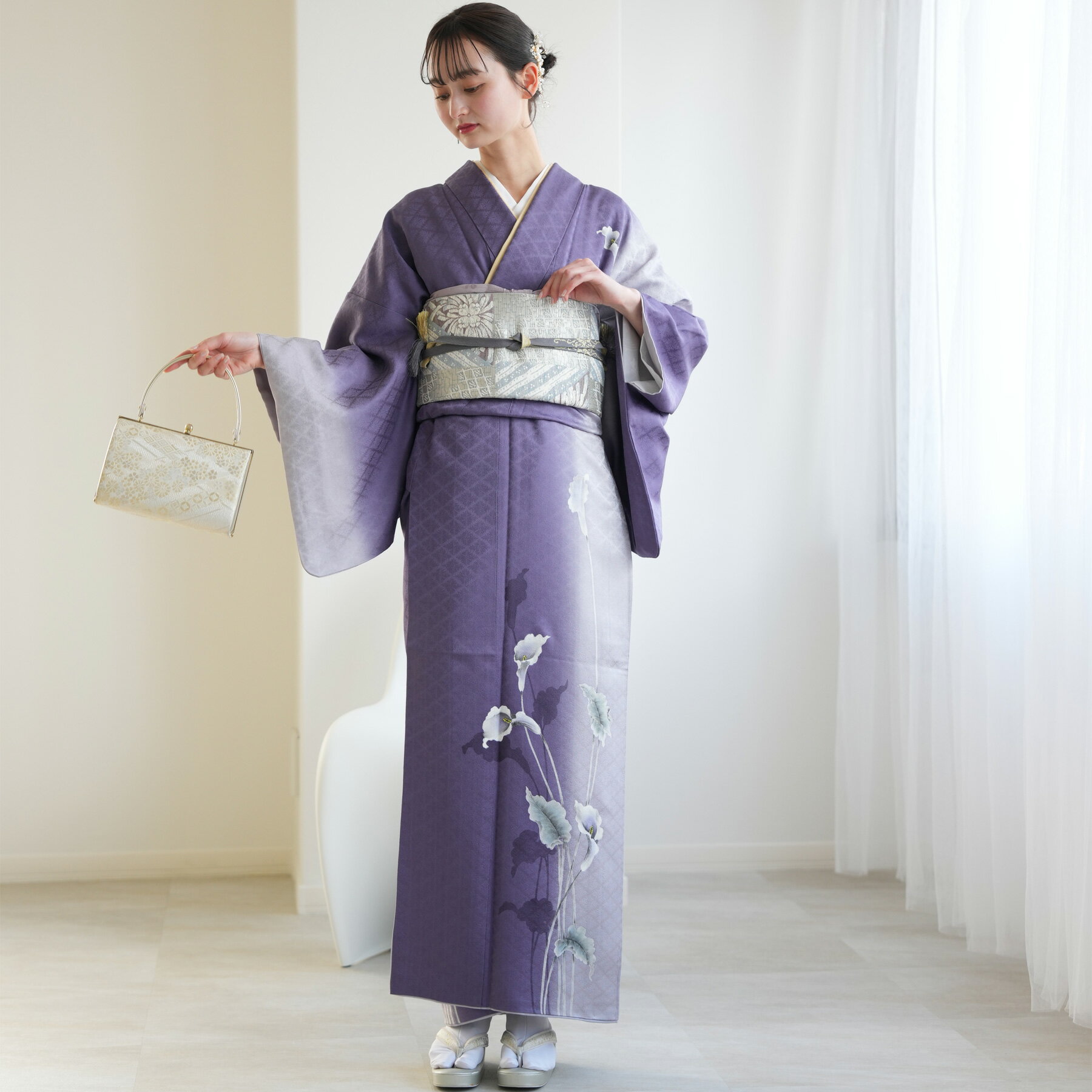 【レンタル】 訪問着 20点セット フリーサイズ（身長153-168cm） 訪問着 フルセット 花 女性 紫系 パープル グレー グラデーション 花菱 フォーマル お茶 パーティー お宮参り 式典 結婚式 二次会 往復送料無料