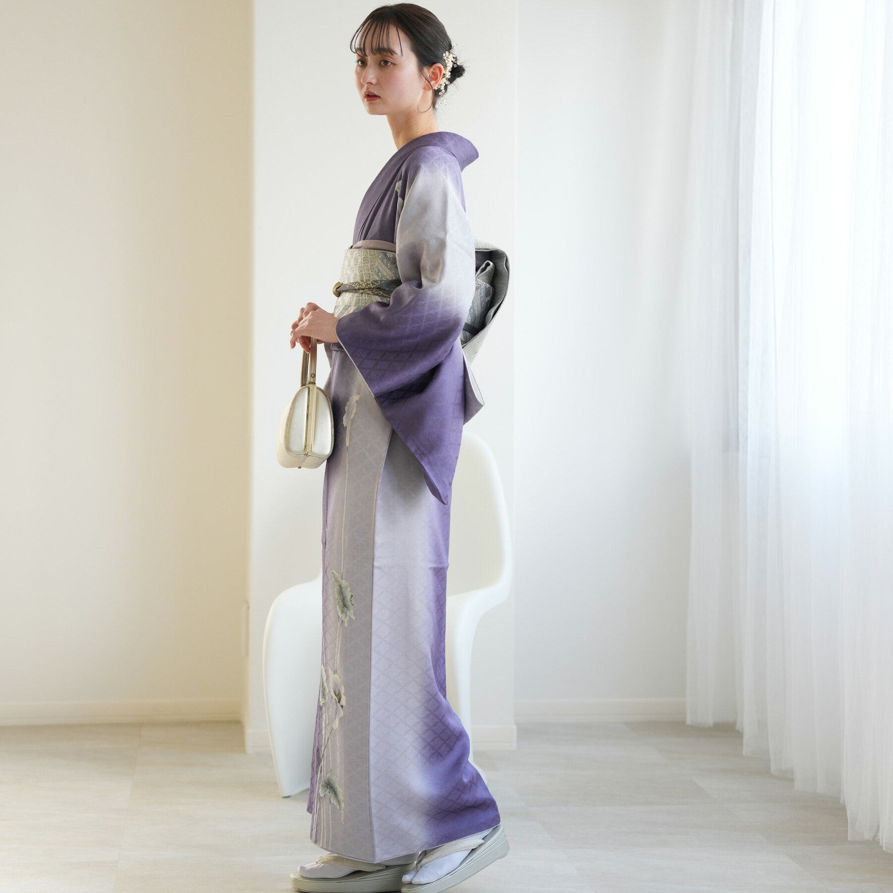 【レンタル】 訪問着 20点セット フリーサイズ（身長153-168cm） 訪問着 フルセット 花 女性 紫系 パープル グレー グラデーション 花菱 フォーマル お茶 パーティー お宮参り 式典 結婚式 二次会 往復送料無料