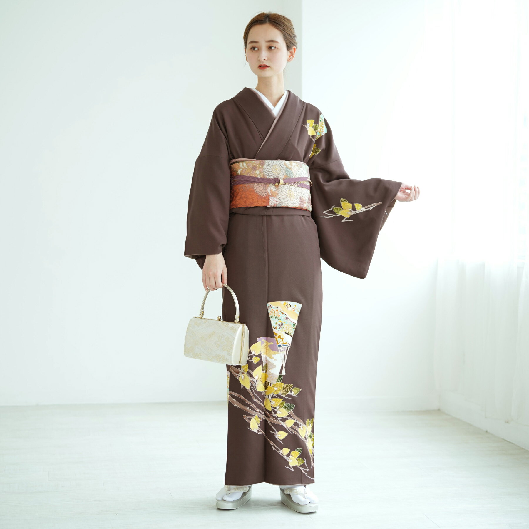 【レンタル】 訪問着 20点セット フリーサイズ（身長153-168cm） 訪問着 着物 フルセット 扇 女性 茶系 ブラウン 黄色 緑 葉 枝 唐花 フォーマル 入学式 卒業式 結婚式 二次会 お宮参り 食事会 七五三 パーティー 往復送料無料 2