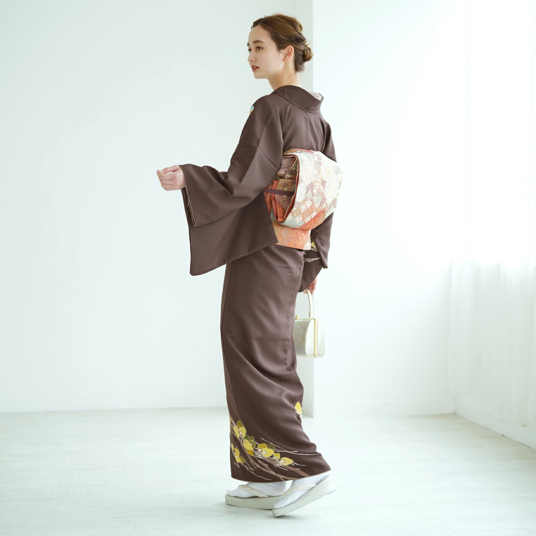 【レンタル】 訪問着 20点セット フリーサイズ（身長153-168cm） 訪問着 着物 フルセット 扇 女性 茶系 ブラウン 黄色 緑 葉 枝 唐花 フォーマル 入学式 卒業式 結婚式 二次会 お宮参り 食事会 七五三 パーティー 往復送料無料 3