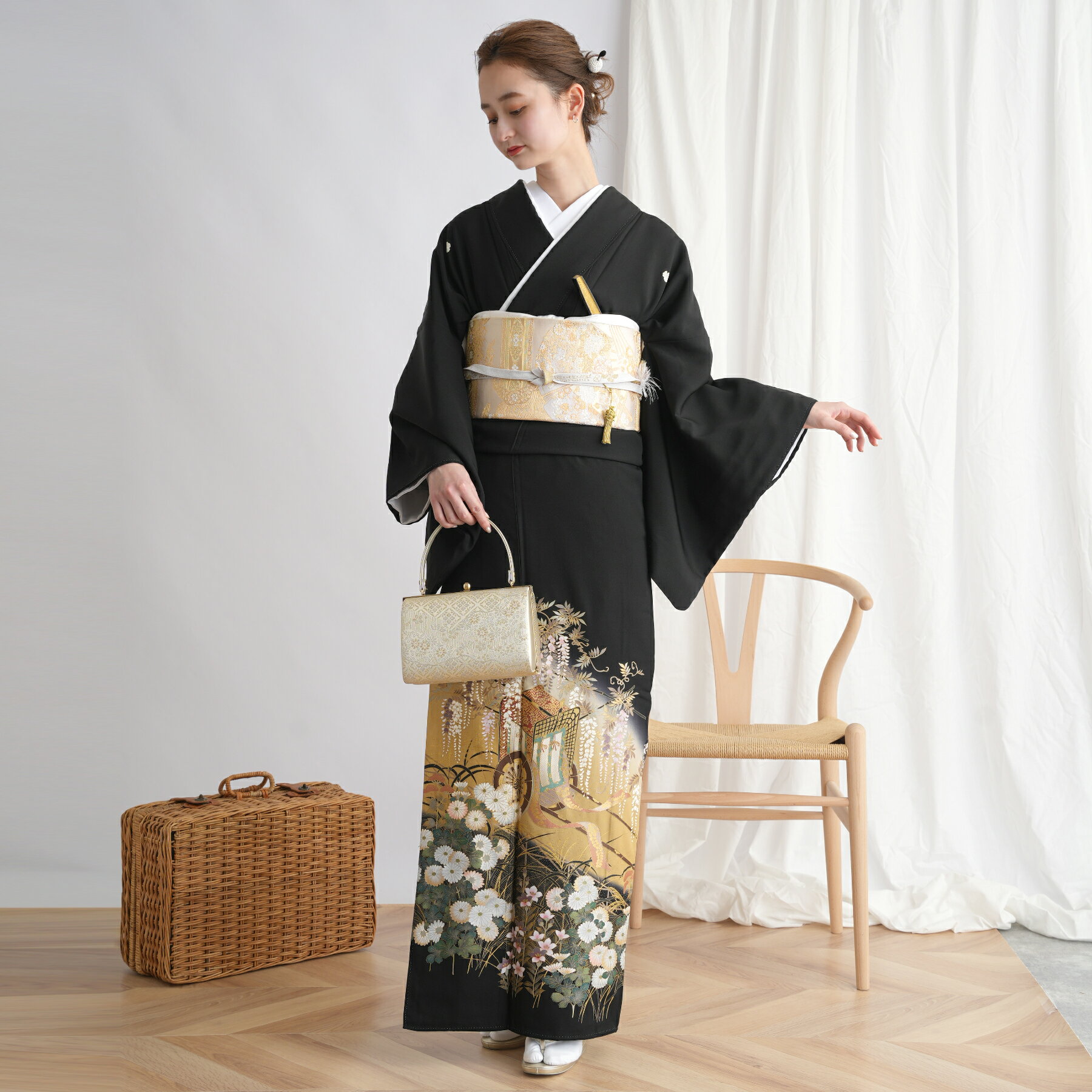 【レンタル】黒留袖レンタル フルセット 高級 正絹 結婚式着物 留袖 黒留袖 おすすめ お宮参り 母親 留袖レンタル レンタル着物 セット レンタル留袖 黒留め袖 貸衣装 レンタル衣装 着物セット 菊 笹 御所車 藤 松 古典 往復送料無料 2