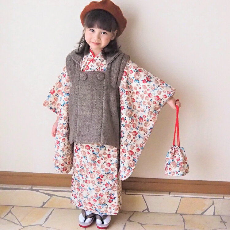 【レンタル】七五三 ひよこ商店 三歳用被布コート9点セット レトロ 大正浪漫 着物 被布コート ベレー帽 重ね衿 長襦袢 巾着 草履 足袋 三歳 三才 3才 3...