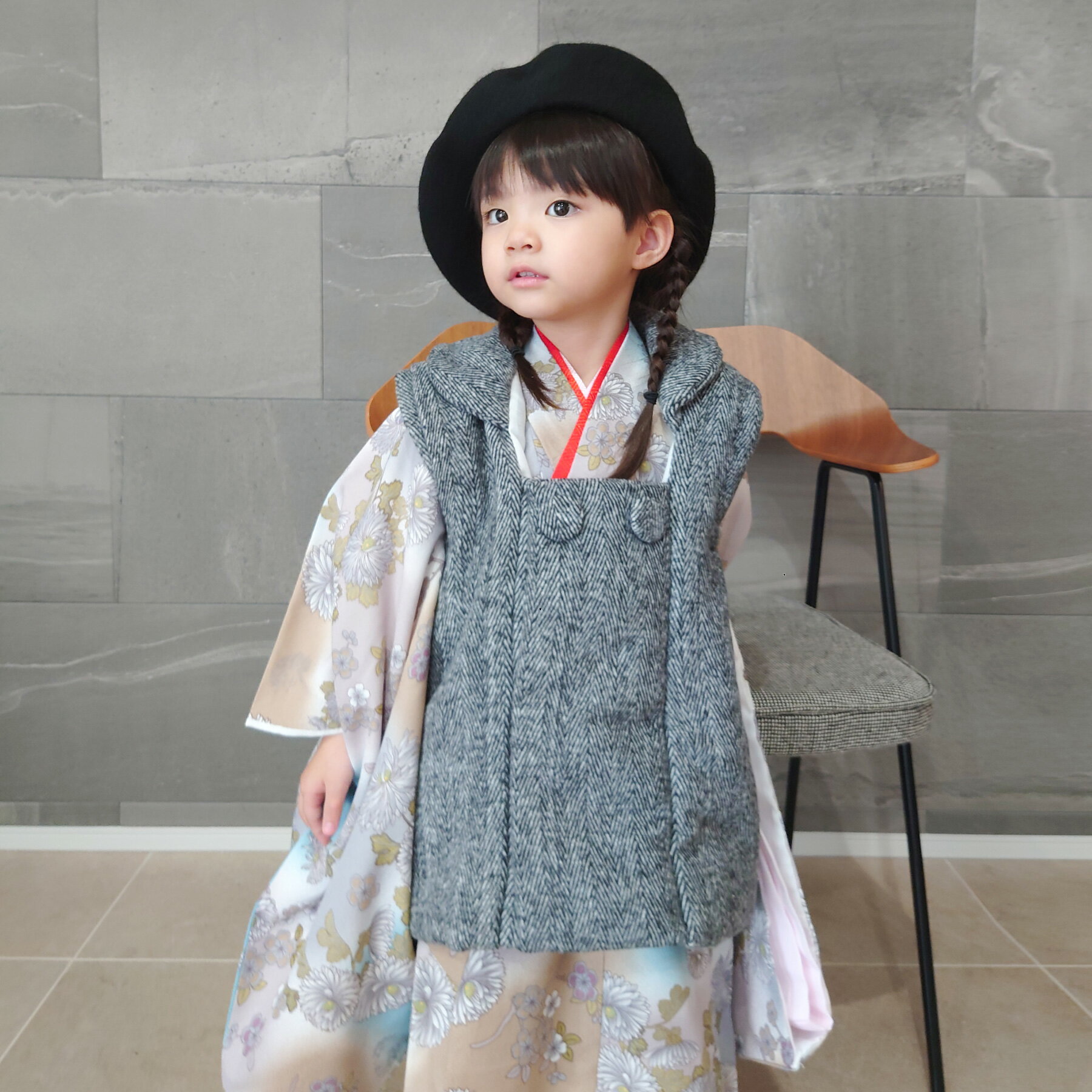 【レンタル】七五三 ひよこ商店 三歳用被布コート9点セット レトロ 大正浪漫 着物 被布コート ベレー帽 重ね衿 長襦袢 巾着 草履 足袋 三歳 三才 3才 3...