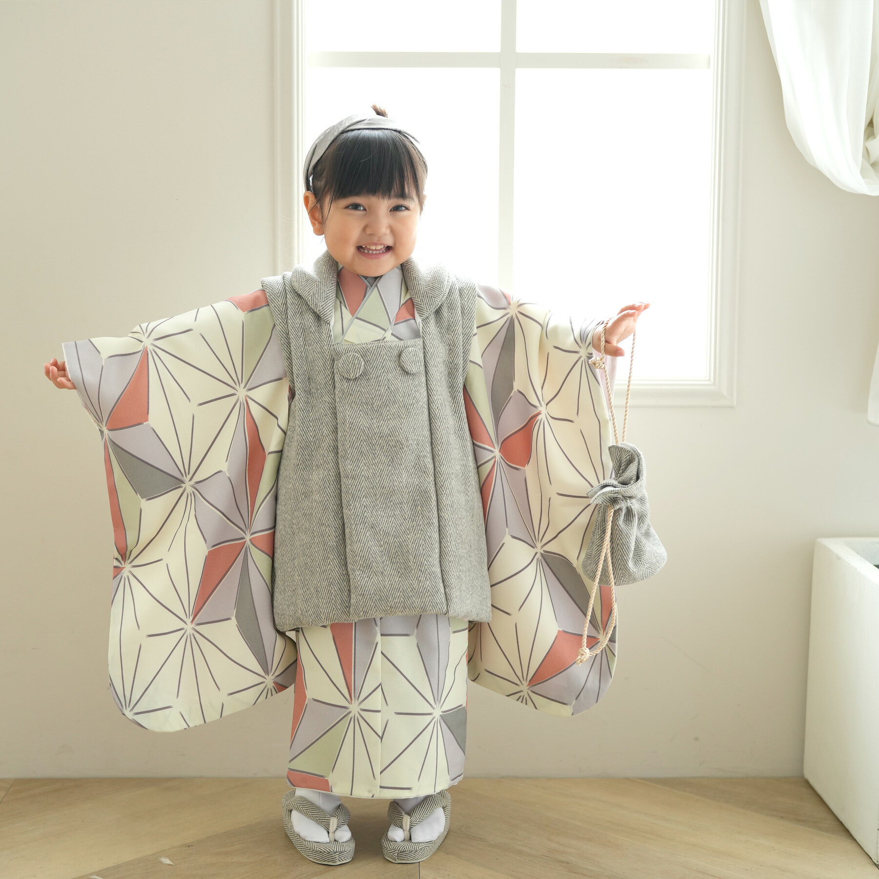 【レンタル】 七五三セット ひよこ商店 88cm-105cm前後 七五三 3歳 被布セット 麻の葉 着物セット レンタル 子供 kids レモンクリーム ラベン...