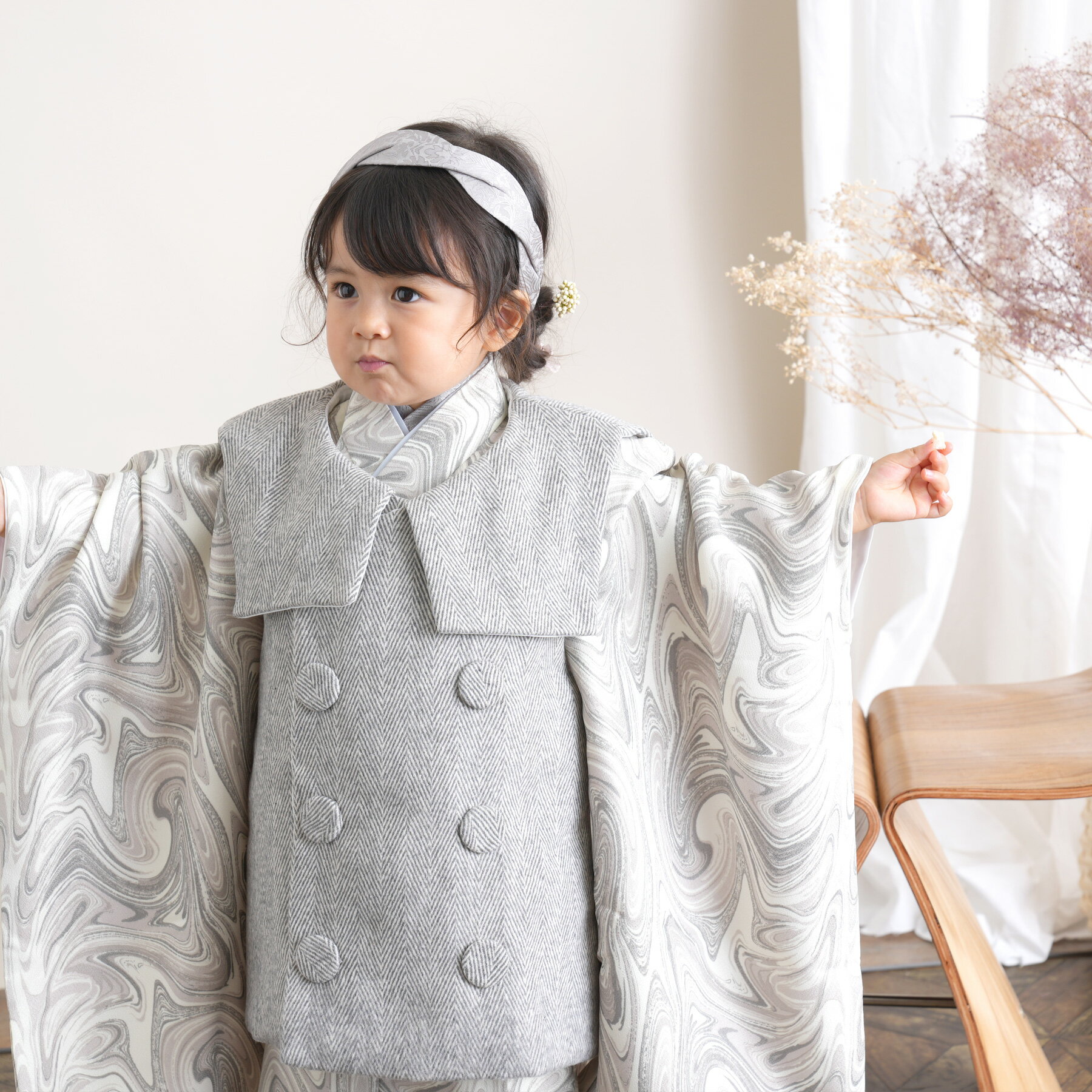 【レンタル】 七五三セット ひよこ商店 88cm-105cm前後 七五三 3歳 被布セット マーブル 着物セット レンタル グレー系 子供 kids グレージュ...