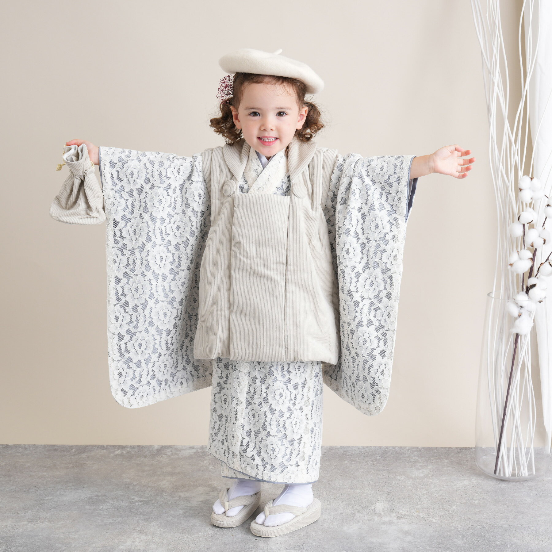 【レンタル】 七五三セット utatane 88cm-105cm前後 七五三 3歳 被布セット レース 着物セット グレー系 子供 kids ベージュ 透け シ...