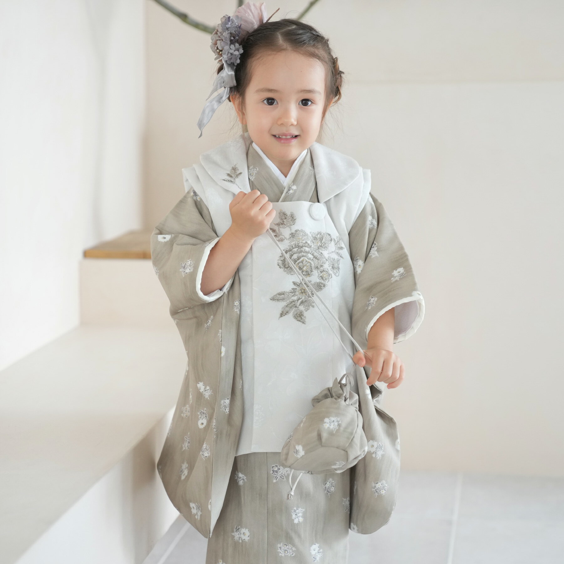 【レンタル】七五三セット JILL STUART / ジル・スチュアート 88cm-105cm前後 七五三 3歳 日本製 着物 フルセット 花柄 被布セット 茶...