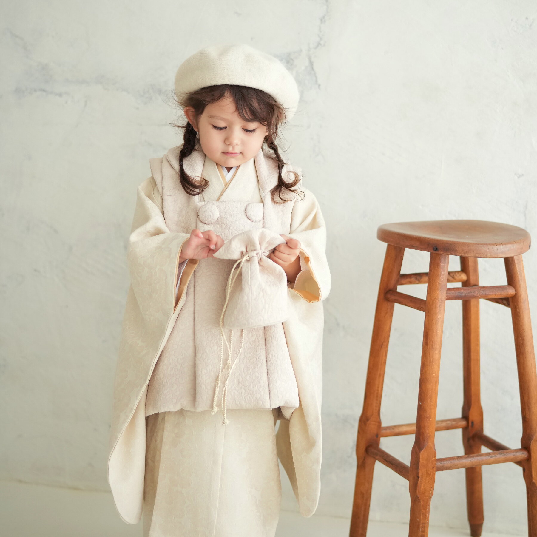 【レンタル】七五三セット かぷり 七五三 3歳 着物 フルセット 花 被布セット アイボリー系 子供 白 ベージュ ナチュラル かわいい Capri 三歳 三才...