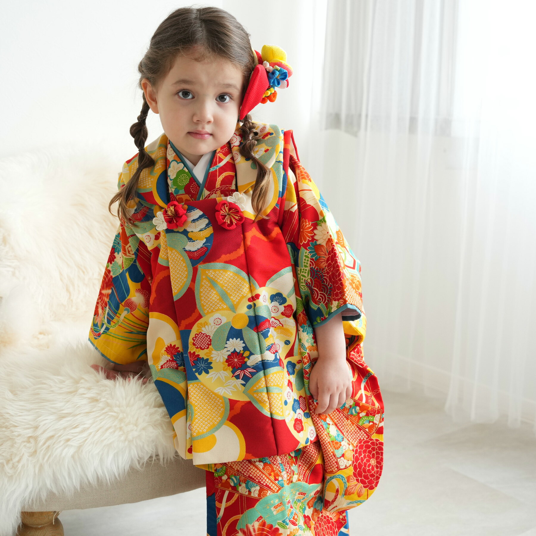 【レンタル】七五三セット LOWRYS FARM ローリーズファーム ブランド 雲に橘 赤 青 黄 和柄 菊 紅葉 梅 七宝 七五三 日本製 女の子 3歳 花 ...