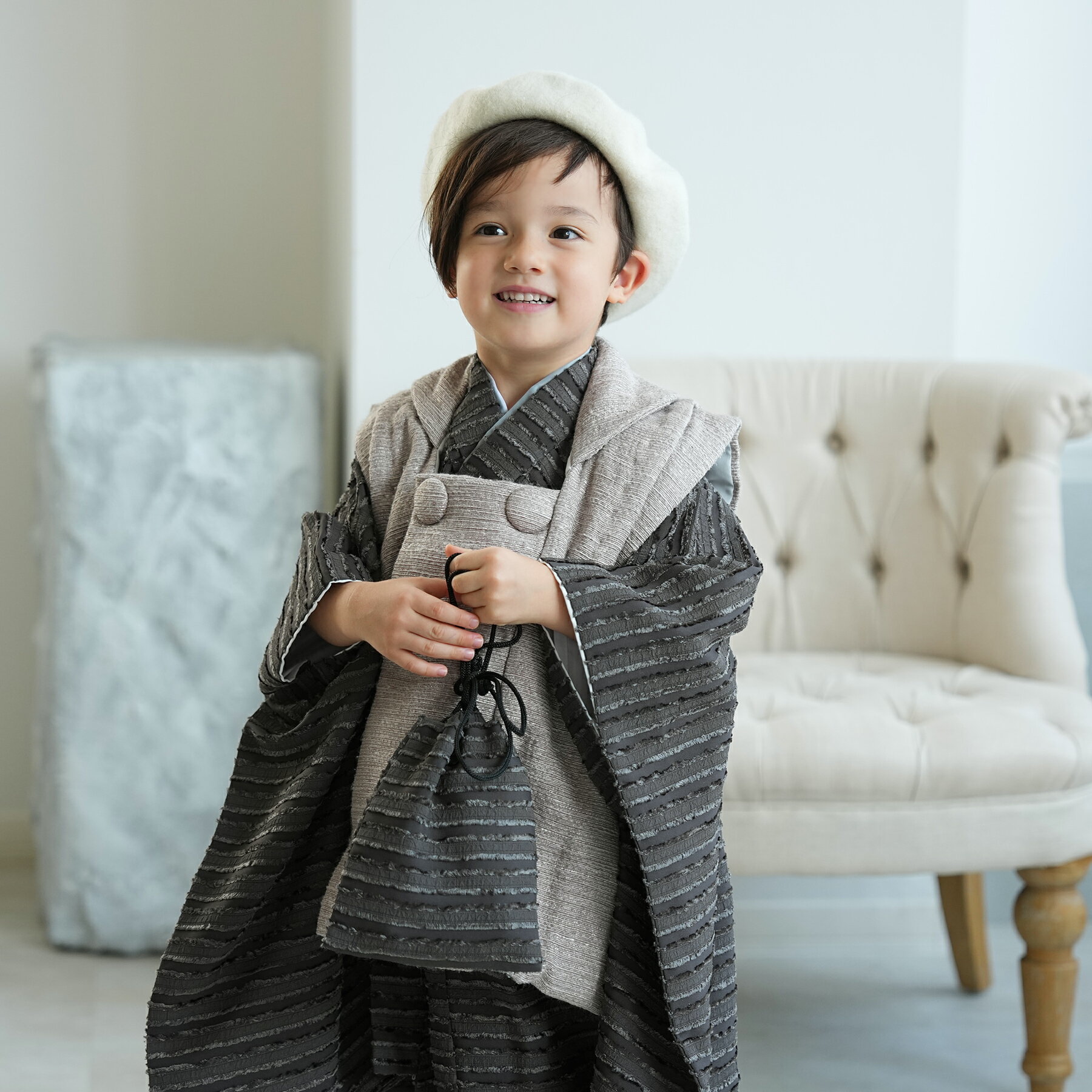 【レンタル】 七五三セット utatane 88cm-105cm前後 七五三 3歳 男の子 被布セット ボーダー 着物セット レンタル 黒系 子供 kids ブ...