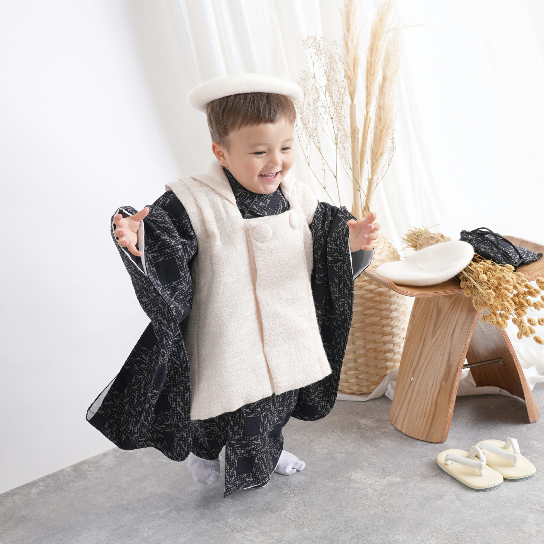 【レンタル】 七五三セット utatane 88cm-105cm前後 七五三 3歳 男の子 被布セット 幾何学 着物セット レンタル 紺系 子供 kids アイ...