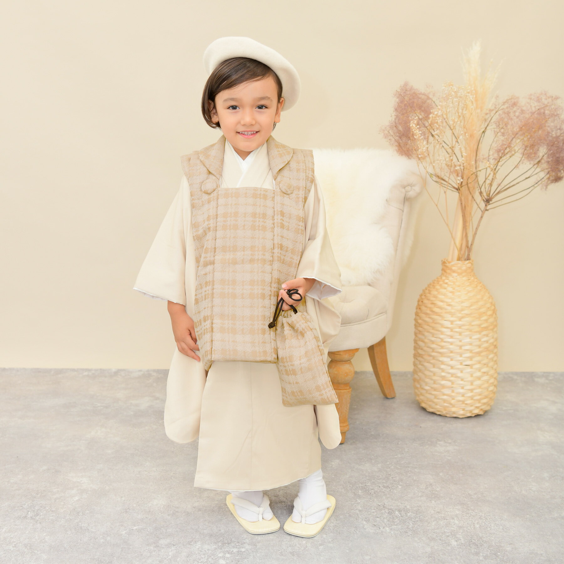 【レンタル】 七五三セット かぷり 88cm-105cm前後 七五三 3歳 被布セット 無地 着物セット ベージュ系 子供 kids べーじゅ チェック 着物 ...