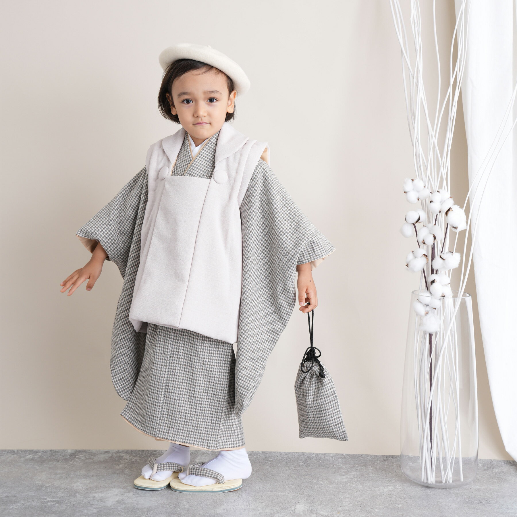 【レンタル】 七五三セット utatane 88cm-105cm前後 七五三 3歳 被布セット 千鳥格子 着物セット グレー系 子供 kids 灰色 ベージュ ...