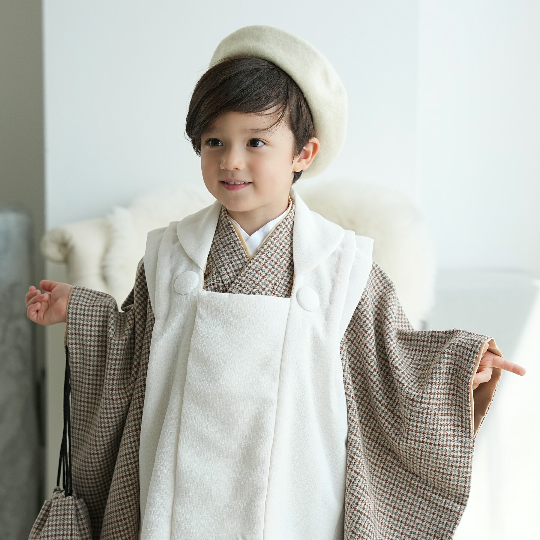 【レンタル】 七五三セット utatane 88cm-105cm前後 七五三 3歳 被布セット 千鳥格子 着物セット 茶系 子供 kids グレー チェック 着...