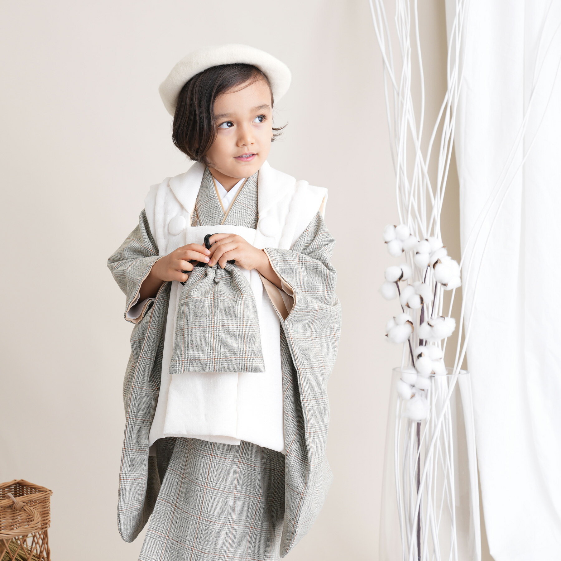【レンタル】 七五三セット utatane 88cm-105cm前後 七五三 3歳 被布セット グレンチェック 着物セット グレー系 子供 kids 灰色 ブラ...