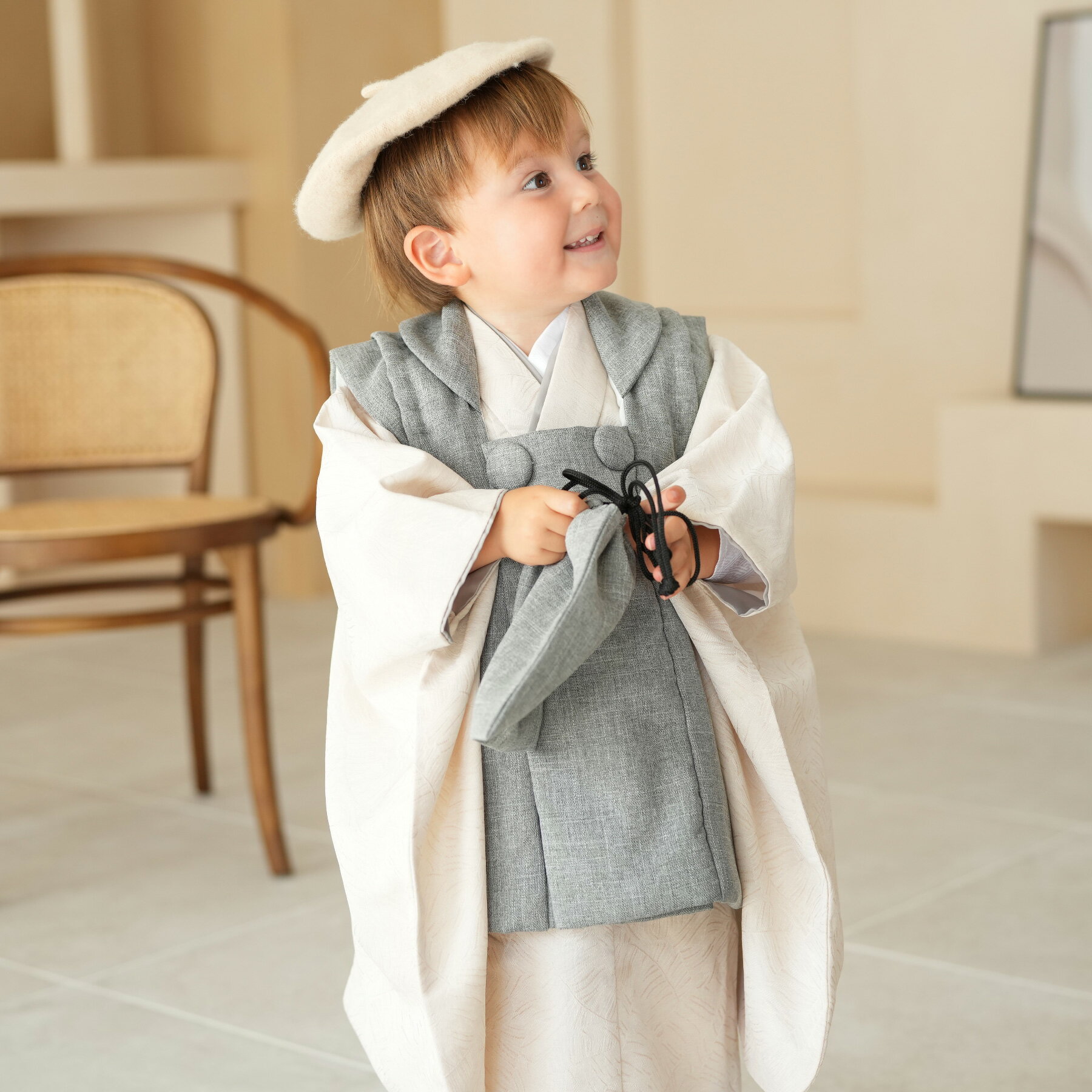 【レンタル】 七五三セット かぷり 七五三 3歳 着物 フルセット 被布セット ベージュ系 子供 kids グレー ニュアンスカラー 三つ身 お祝い着 三歳 三...