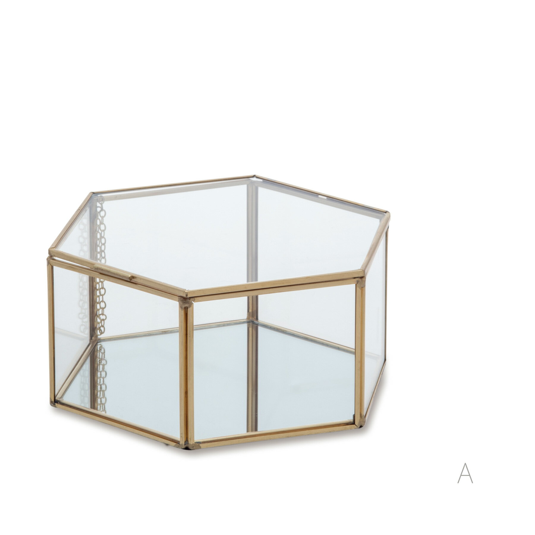フレームガラス＆ミラーボックス 六角形 L 宝石箱 ジュエリーボックス アクセサリー収納 ディスプレイ 蓋つき クリア 透明 ゴールド シルバー アイアン 小物入れ ジュエリーケース アクセサリーケース 北欧 ナチュラル フレンチ インテリア