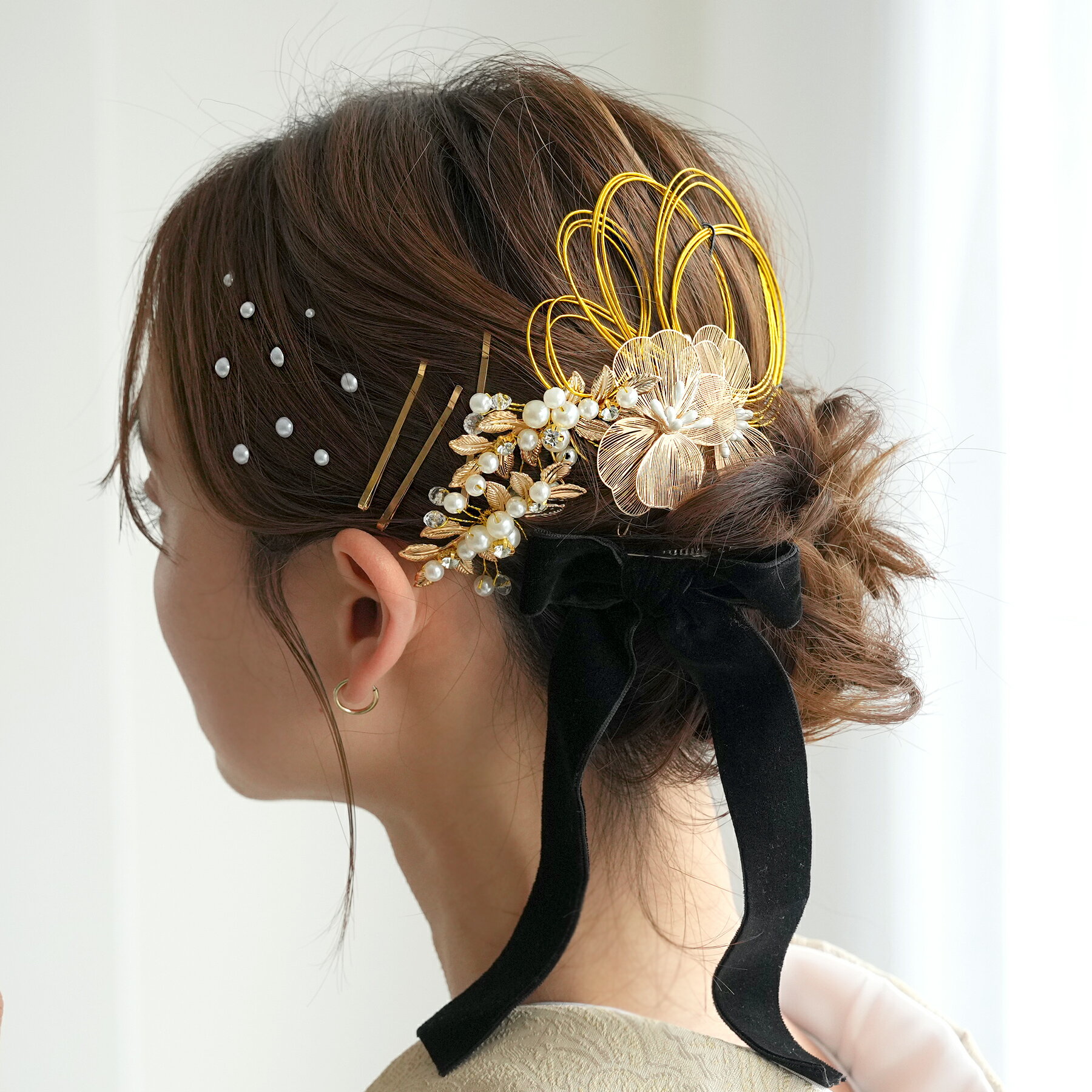【髪飾り 18点セット ベルベットリボン＆水引＆パール＆ゴールドアクセ】 ヘアアクセ ヘアピン ベロアリボン ブラック 黒 ボルドー レトロ 浴衣 振袖 袴 成人式 卒業式 記念撮影 写真 トレンド ヘアアレンジ
