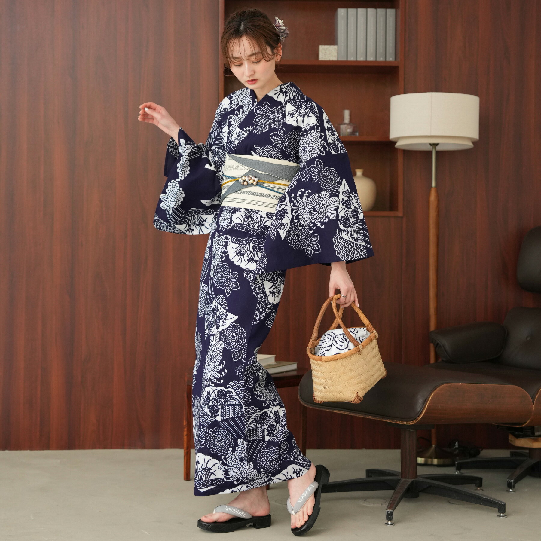 【20％OFF】【utatane×注染工房 日本製小幅生地使用 浴衣3点セット 藍色に夢幻の花...