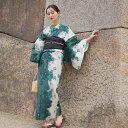 【utatane 高級変わり織 浴衣3点セット グリーンの染分け梅つばき】ここでしか買えない昭和初期アンティーク復刻版 フリーサイズ 浴衣セット(ゆかた・帯・下...
