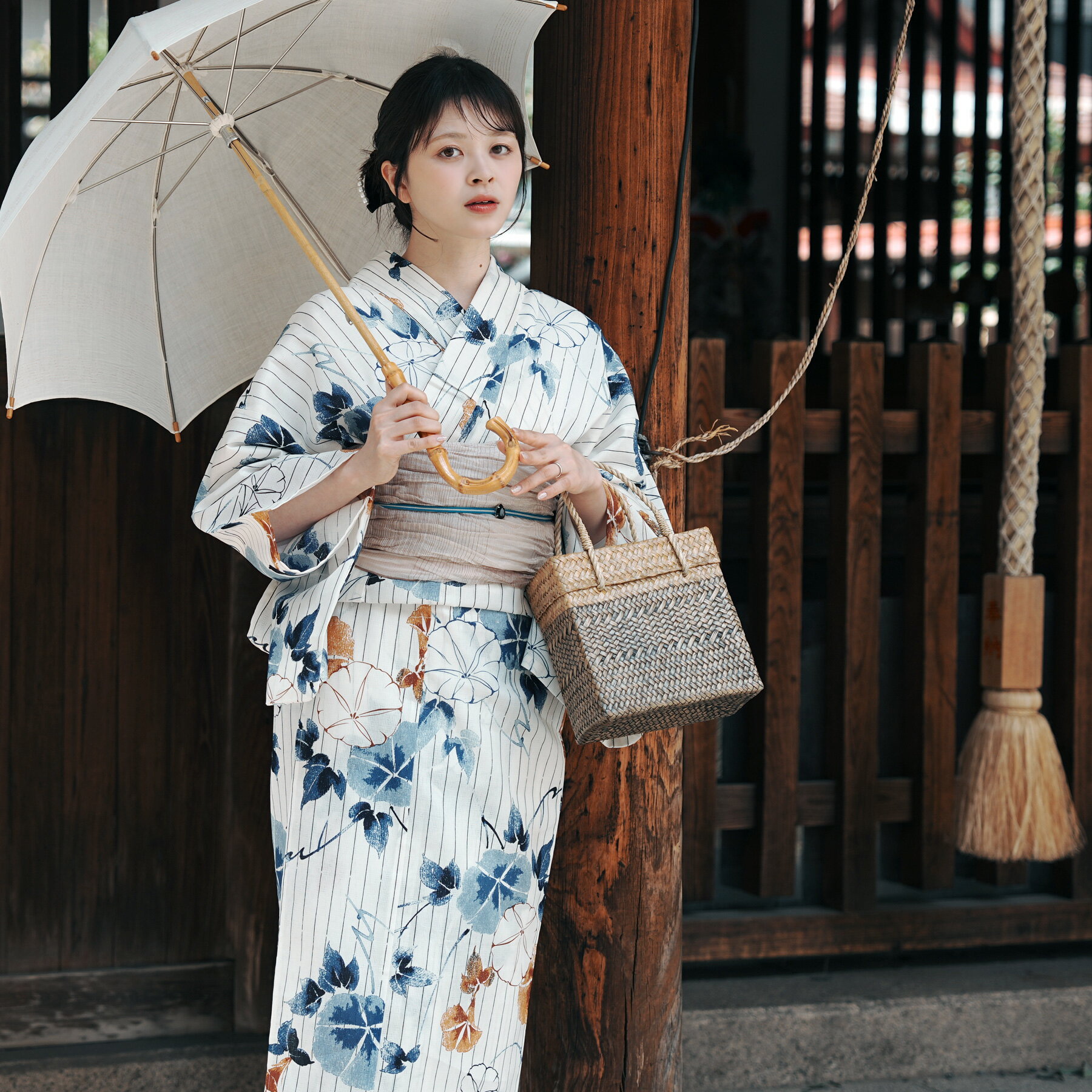 Rakuten - 【10％OFF】2026新作【utatane 浴衣 3点セット レディース 高級変わり織｜つゆくさ色の雨縞あさがお（フリーサイズ）】国産生地・国内染色｜希少図案を現代に復刻｜浴衣・帯・下駄付き