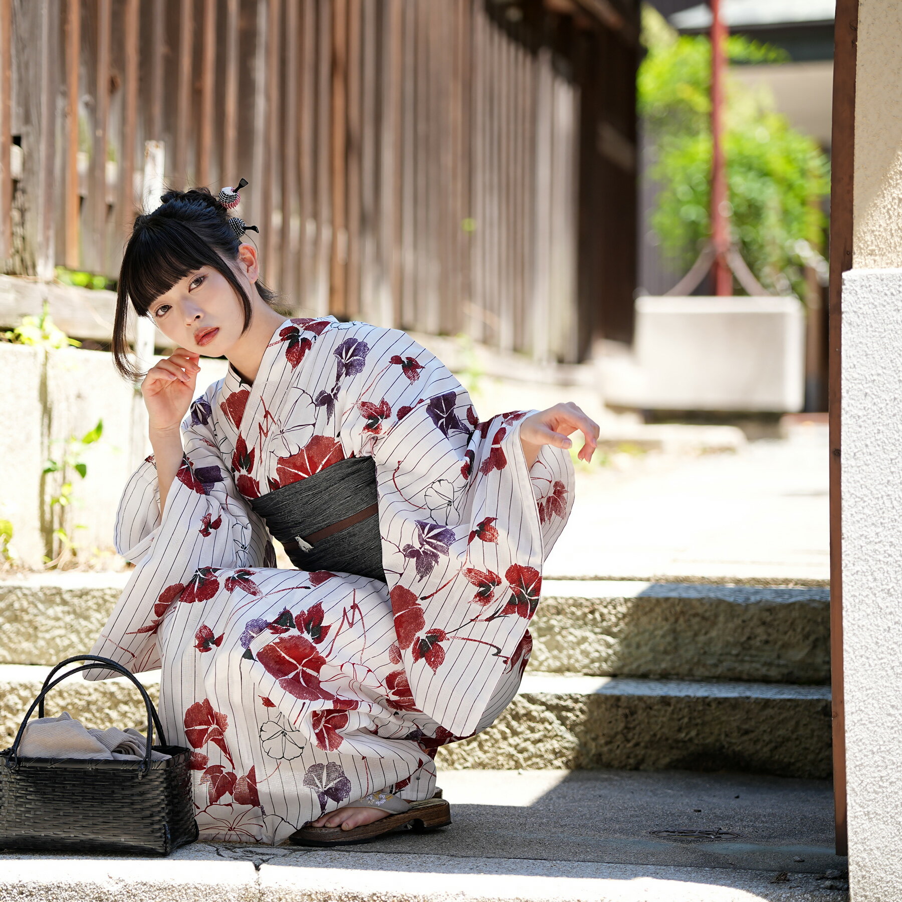 Rakuten - 2026新作【utatane 浴衣 3点セット レディース 高級変わり織｜夕凪色の雨縞あさがお（フリーサイズ）】国産生地・国内染色｜希少図案を現代に復刻｜浴衣・帯・下駄付き