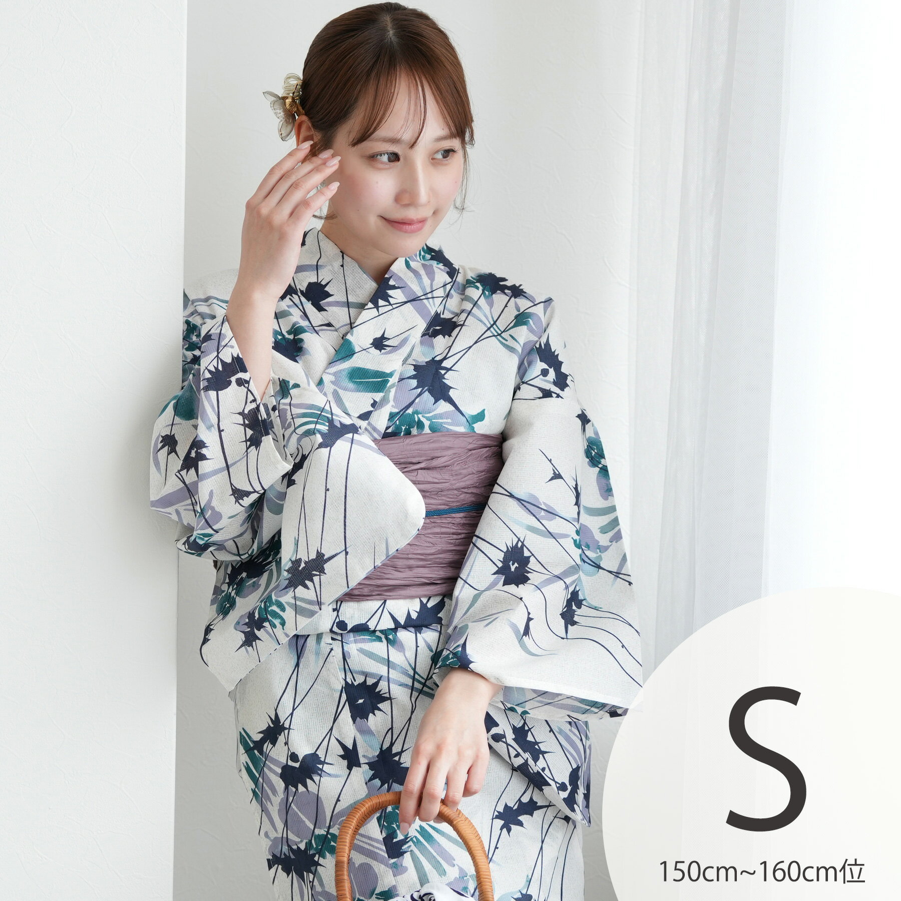 【utatane 高級変わり織 浴衣3点セット 杢ベージュに涼しげ菖蒲とアザミ】ここでしか買えない昭和初期アンティーク復刻版 プチサイズ（150-160cm）Sサイズ 浴衣セット（ゆかた・帯・下駄）うたたね 上質 国産生地 国内染色 低身長コーデ