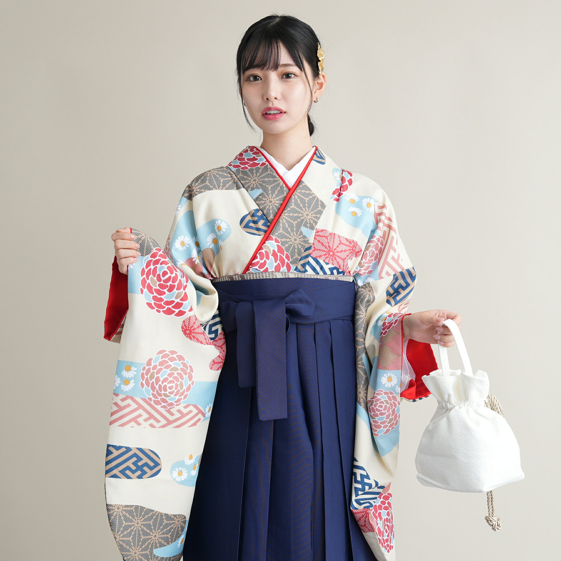 【リサイクル着物セット】2尺袖着物 袴 2点セット ひよこ商店 袴91cm（身長153-158cm） 袴セット 卒業式 大学生 着物 女性 重ね衿縫い..