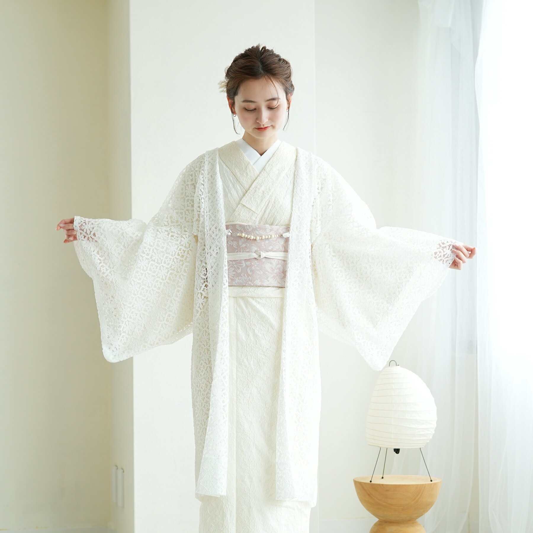 Haori - 【ニコアンティーク レース羽織 大正ロマン 日本製レース ホワイト】はおり単品 着物 長羽織 薄羽織 総レース 国産生地 ニュアンスカラー くすみカラー フリーサイズ 袷着物 ナチュラル 流行問わず定番で使える