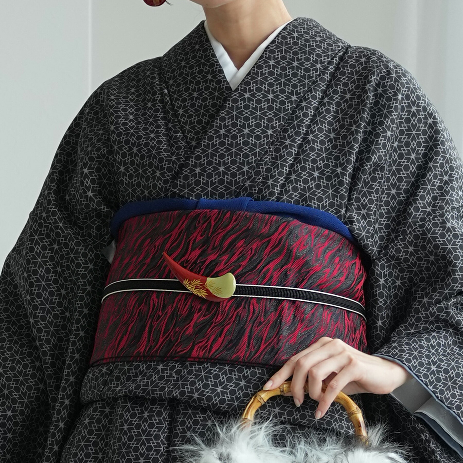 【ニコアンティーク 細帯 紅蓮】 半幅帯 単品 数量限定 浴衣 着物 小紋 炎 赤 えんじ 黒 金襴 日本製 女性 レディース 個性的 お洒落 カジュアル カッコいい 大人 和風 モダン