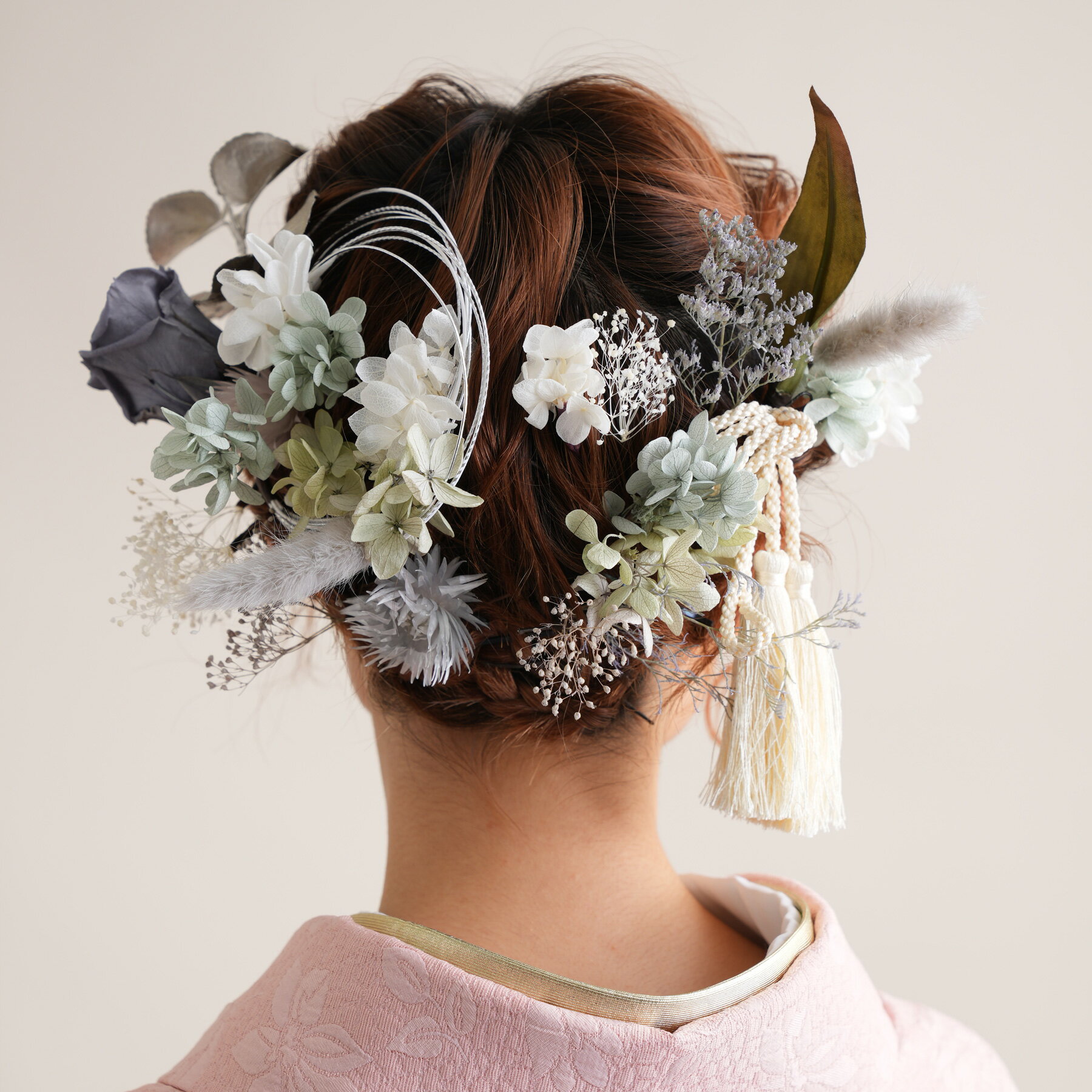 ドライフラワー 髪飾り 30点セット 日本製 ヘアアクセサリー 無地 ボリューム セット 緑系 グリーン 青 グレー 白 くすみカラー ナチュラル ヘアアクセ ...