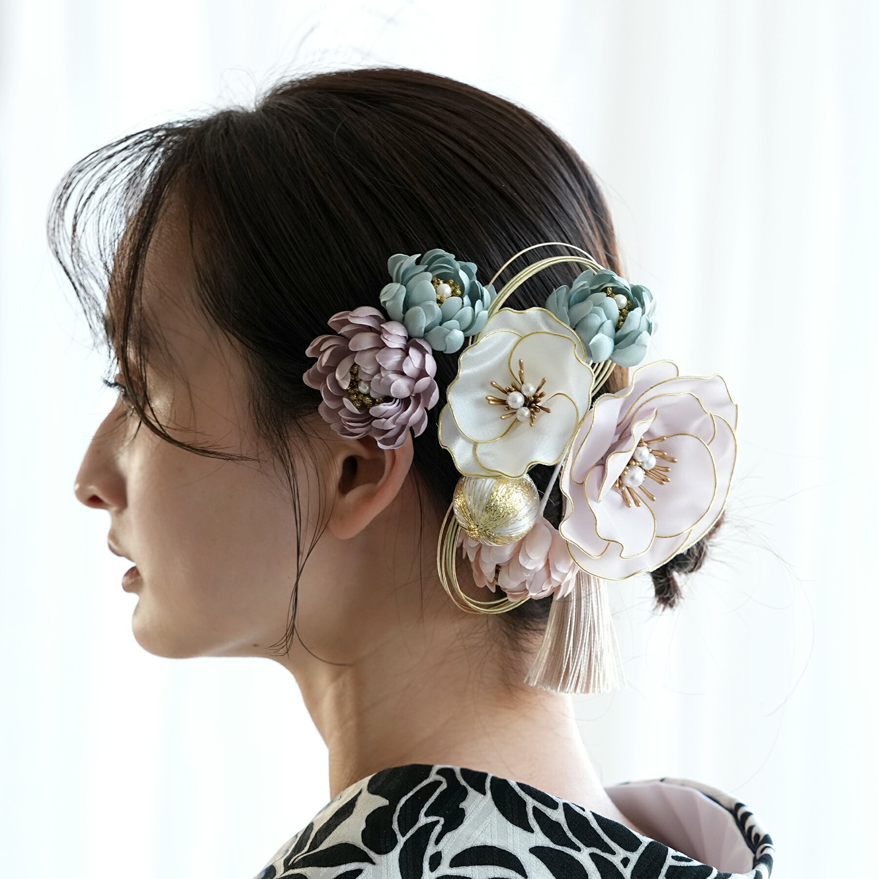 【髪飾り シルクフラワー芙蓉 コームUピン2点セット】 水引 タッセル 菊 花 ヘアアクセ 大正ロマン レトロ アンティークカラー 振袖 袴 成人式 卒業式 前撮り ヘアメ ヘアアレンジ 日本製 国産