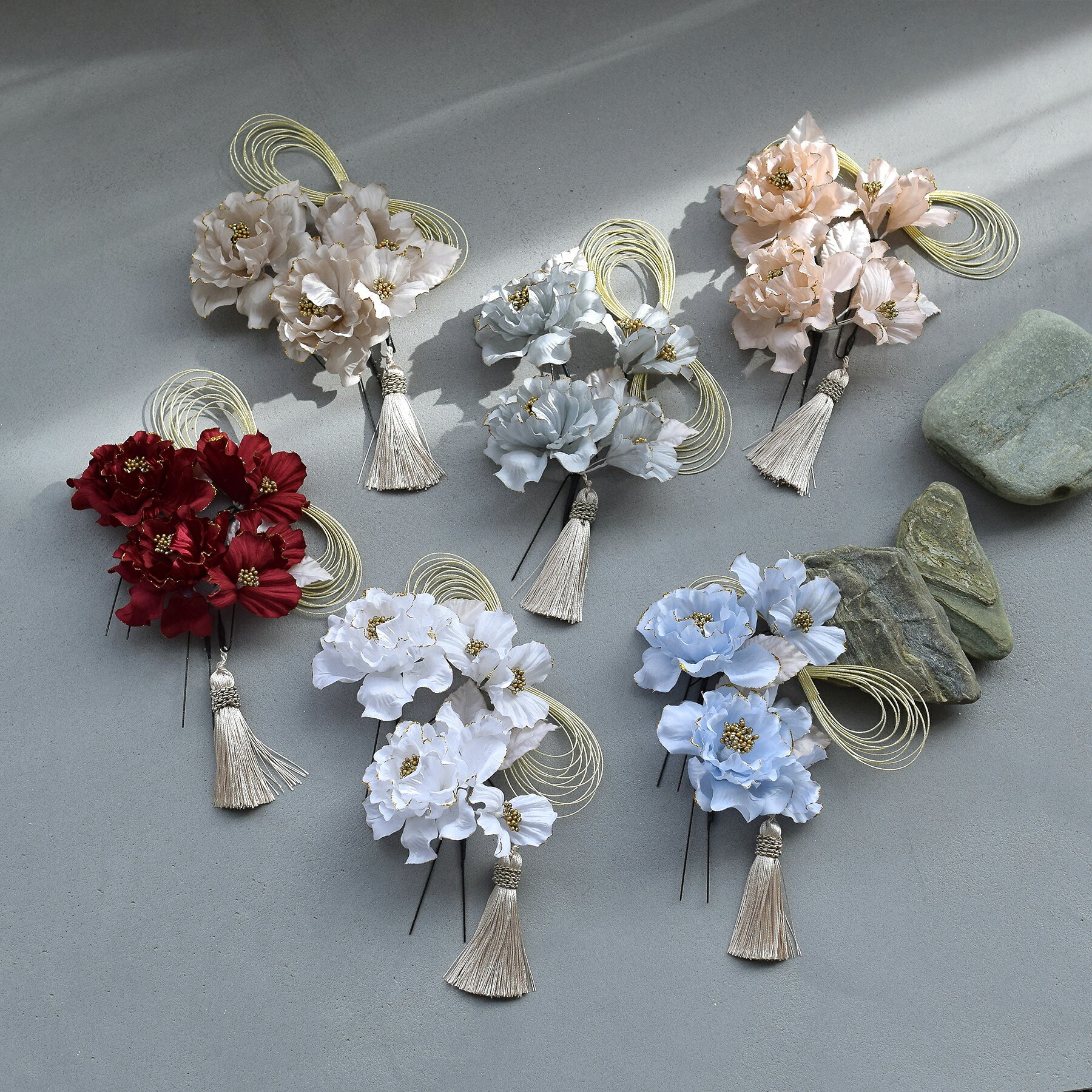 【髪飾り 牡丹＆水引＆タッセル Uピン5点セット】 花 ヘアアクセ 大正ロマン レトロ アンティークカラー 振袖 袴 成人式 卒業式 前撮り ヘアメ ヘアアレンジ 日本製 国産