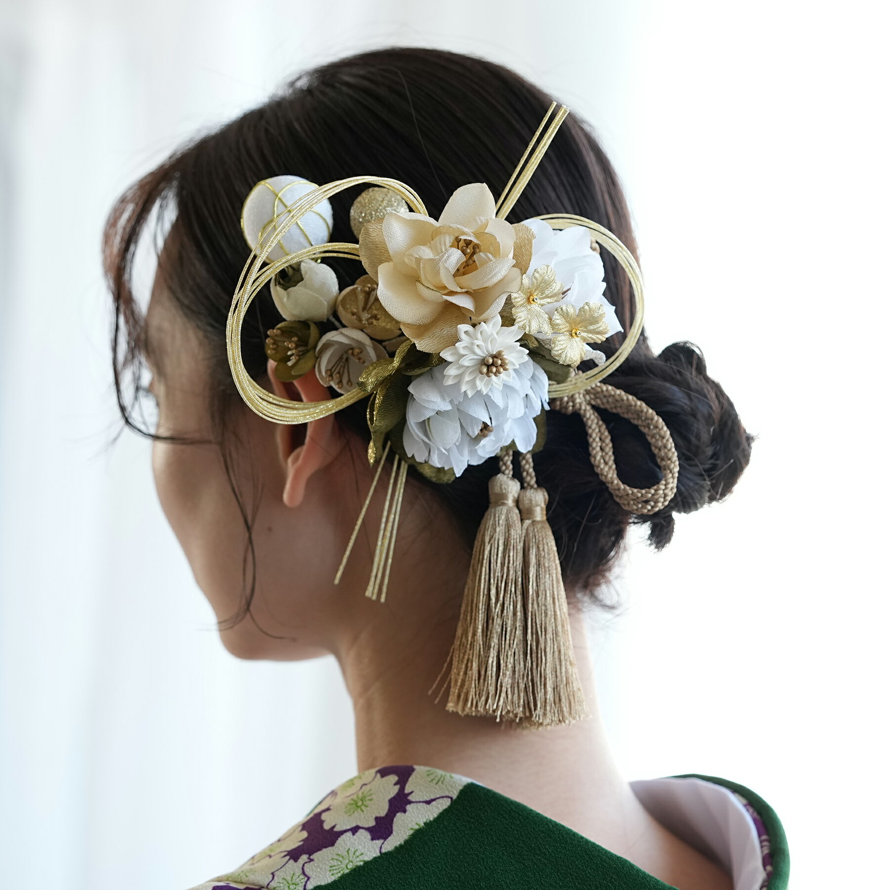 【髪飾り 牡丹・梅・桜＆水引・タッセル コームUピン5点セット】 花 水引ヘア 玉 タッセル ヘアアクセ 大正ロマン レトロ アンティークカラー 振袖 袴 成人式 卒業式 前撮り ヘアメ ヘアアレンジ 日本製 国産