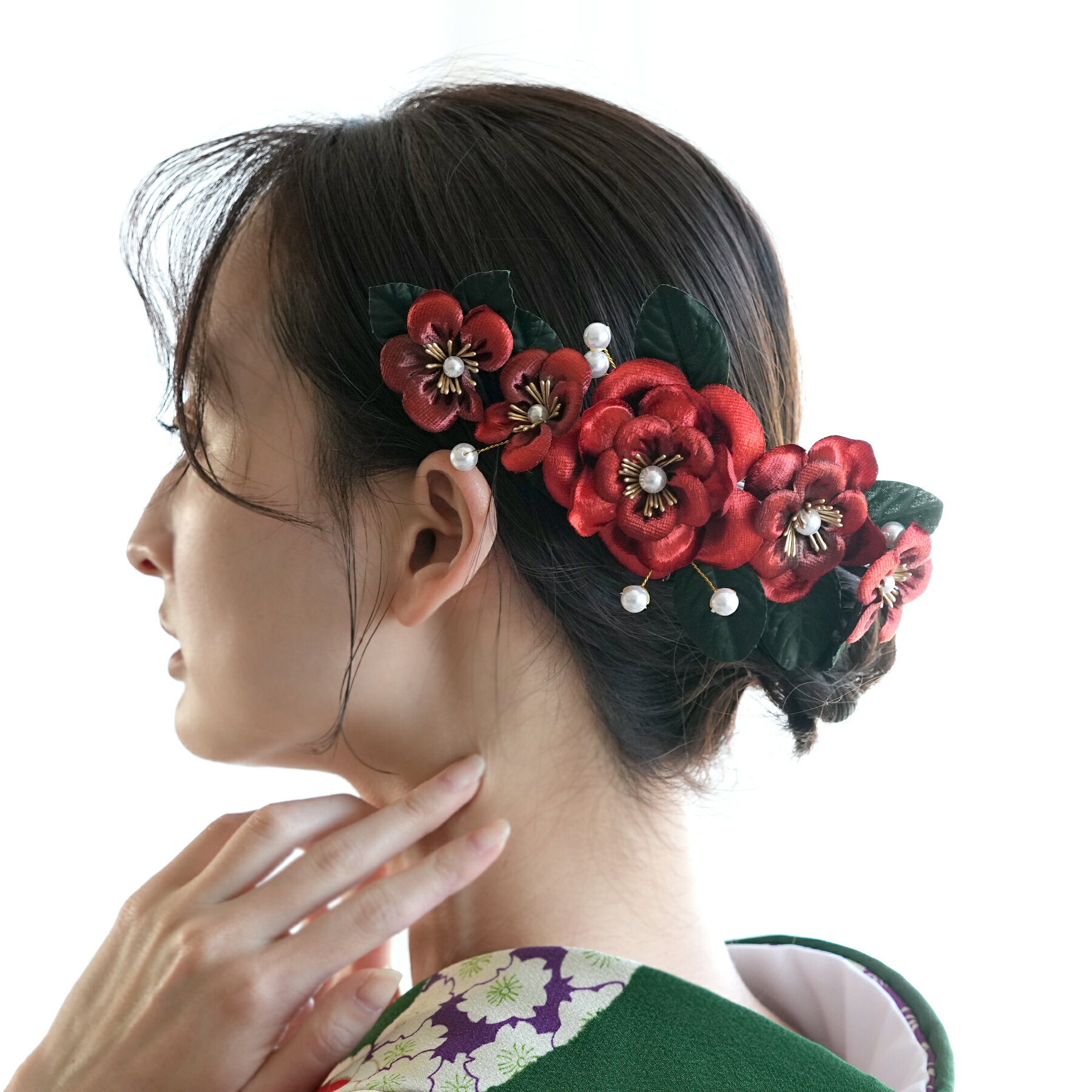 【髪飾り ベルベットローズ コームUピン2点セット】 花 薔薇 ベロア調 パール ヘアアクセ 大正ロマン レトロ アンティークカラー 振袖 袴 成人式 卒業式 前撮り ヘアメ ヘアアレンジ 日本製 国産 赤 エンジ 白 ブルー 青