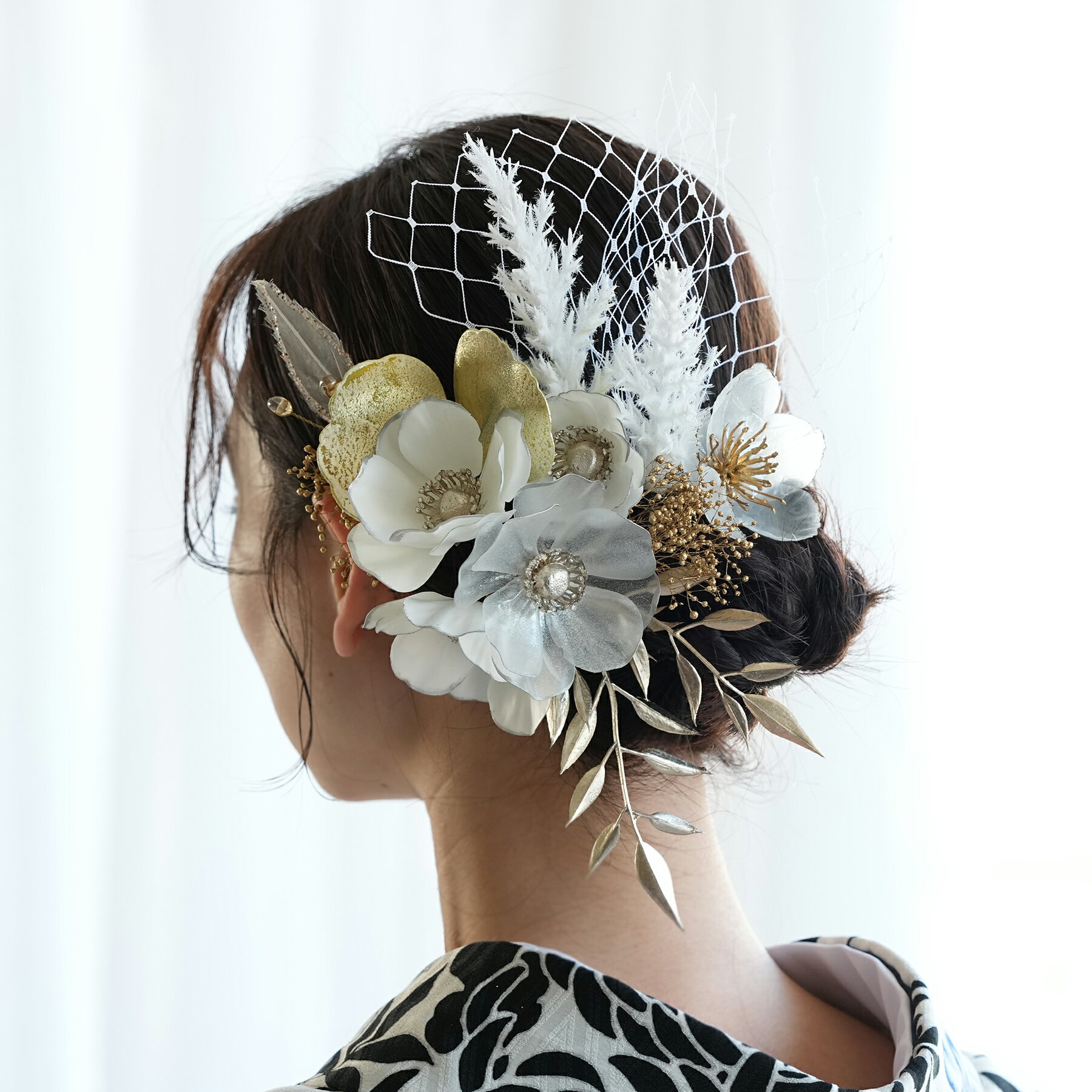 【髪飾り ラメパールアネモネ コームUピン12点セット】 アメリカンフラワー ドライフラワー うるつや ヘアアクセ 大正ロマン レトロ アンティークカラー 振袖 袴 成人式 卒業式 前撮り ヘアメ ヘアアレンジ 日本製 国産 白 ホワイト ゴールド 金 シルバー 銀