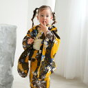 【ニコアンティーク kids 高級変わり織 子供浴衣3点セット 女の子 黄色と墨色の立沸とレトロ花】 個性派きものブランドNicoAntiqueの新作 こども浴衣セット ( ゆかた・帯・下駄 ) 3歳 4歳 5歳 6歳 7歳 8歳 9歳 10歳 レトロ キッズ 国産生地 国内染色