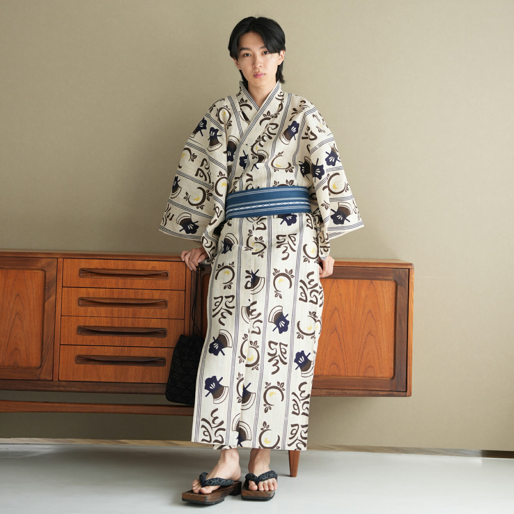 【utatane×注染工房 日本製小幅生地使用 メンズ 浴衣3点セット 先染めベージュ 斧琴菊(よきこときく)ブラウン×からし】男 紳士 男性 特選 注染 選べ...