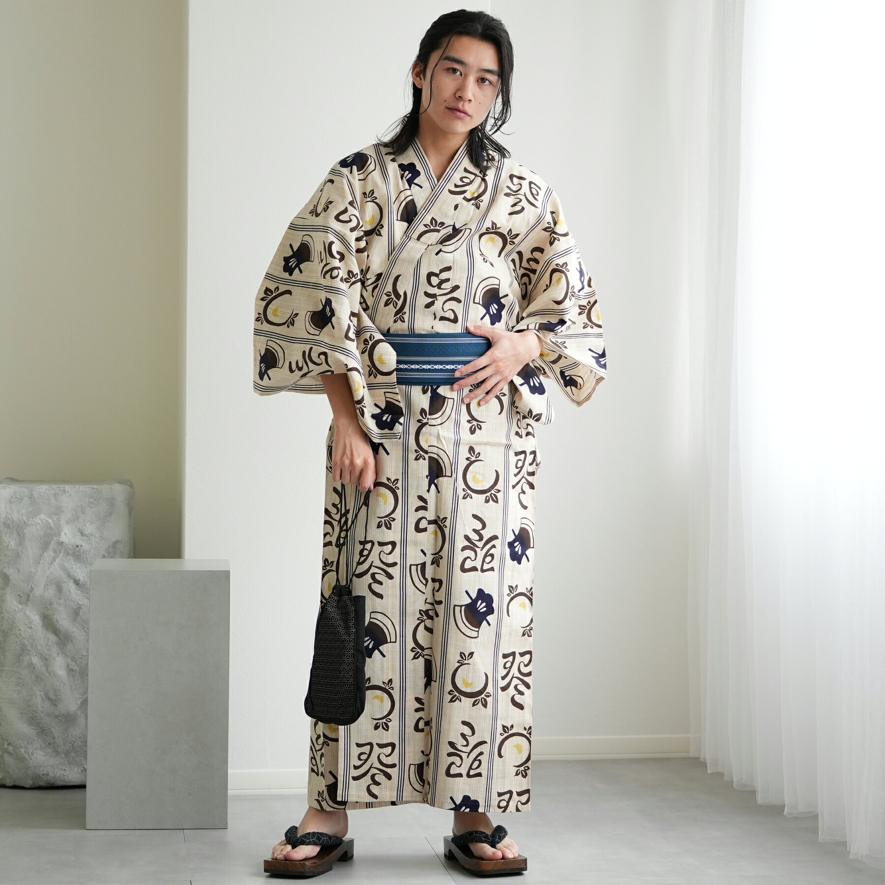 【utatane×注染工房 日本製小幅生地使用 メンズ 浴衣3点セット 先染めベージュ 斧琴菊（よきこときく）ブラウン×からし】男 紳士 男性 特選 注染 選べるM/Lサイズ 日本製綿角帯 浴衣セット（ゆかた・帯・下駄）日本製 手縫い併用国内縫製 奈良の職人の手染め