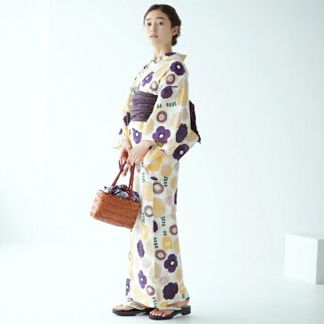 浴衣 3点セット(浴衣/帯/下駄)日本製生地 国内染色 和歌山染工 白系 ホワイト クリーム 黄色 紫 薄紫 向日葵 昭和初期アンティークデザイン復刻版 花火大会 浴衣セット ゆかた 女性 レディース レトロ 大正ロマン モダン フリーサイズ