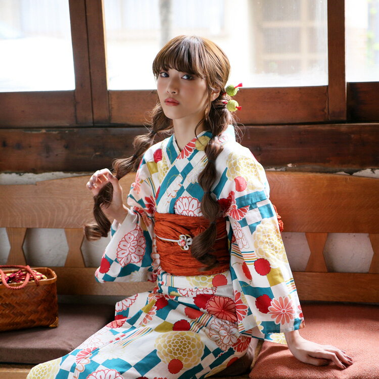 浴衣 セット レディース 浴衣 3点セット(浴衣/帯/下駄)個性的 超奇抜 緑 グリーン 赤 黄色 白 オレンジ モダン 市松 縞 雪輪 菊 ニコアンティーク 浴衣セット ゆかた 女性 レディース レトロ 大正ロマン 古典柄 モダン フリーサイズ