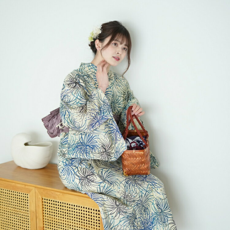 【utatane 綿麻 高級変わり織 浴衣3点セット 先染めベージュ 涼しげ上品糸菊】特選・麻混 ワンランク上のデパート品質 上質 コットン＆麻 フリーサイズ 浴衣セット（ゆかた・帯・下駄）ですぐお出かけ 古典レトロのサムネイル