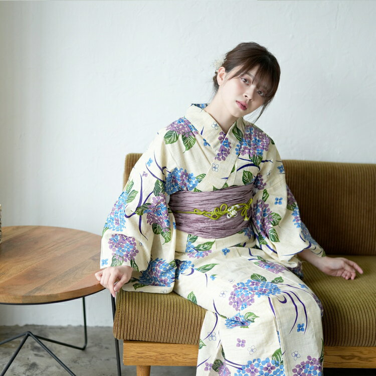 上質で快適 浴衣 セット レディース 浴衣 ３点セット 浴衣 帯 下駄 先染めベージュ ラベンダー 青 水色 緑 紫 紫陽花 あじさい 綿麻 麻混 特選 先染めベージュ 浴衣セット ゆかた 女性 レディース レトロ Www Coonschool Org