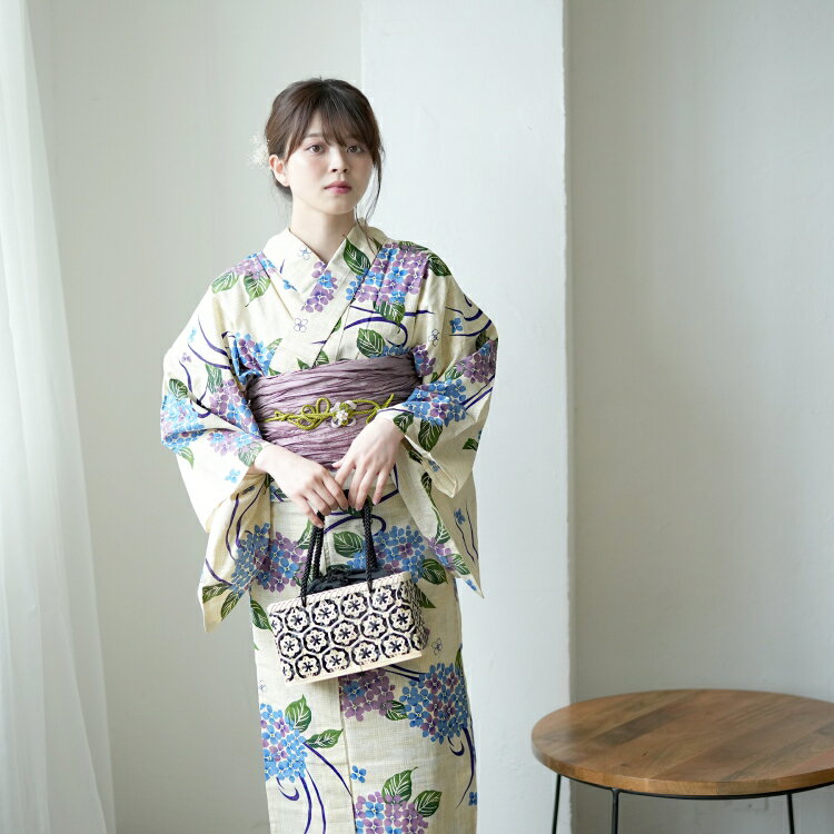 上質で快適 浴衣 セット レディース 浴衣 ３点セット 浴衣 帯 下駄 先染めベージュ ラベンダー 青 水色 緑 紫 紫陽花 あじさい 綿麻 麻混 特選 先染めベージュ 浴衣セット ゆかた 女性 レディース レトロ Www Coonschool Org
